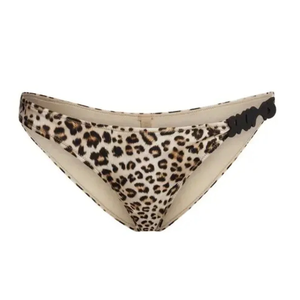 RARE‎ SKIMS Signature Swim Logo Hardware Bikini Bottom Champagne Leopard L NWT